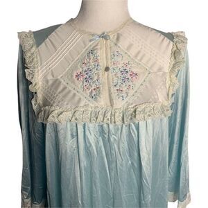 Vintage 80s Nylon Full Length Nightgown S Blue Embroidered Lace Long Sleeve